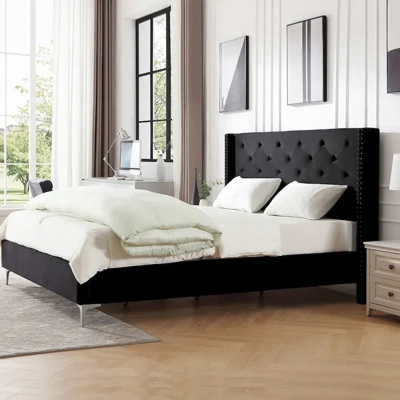 Cadre de lit en velours avec plateforme, bleu / noir / gris / beige, très grand lit, 2 personnes