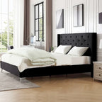 Cadre de lit en velours avec plateforme, bleu / noir / gris / beige, très grand lit, 2 personnes