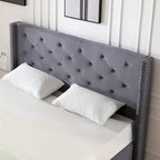 Cadre de lit en velours avec plateforme, bleu / noir / gris / beige, très grand lit, 2 personnes