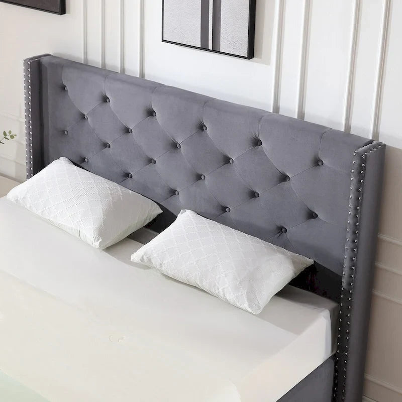 Cadre de lit en velours avec plateforme, bleu / noir / gris / beige, très grand lit, 2 personnes
