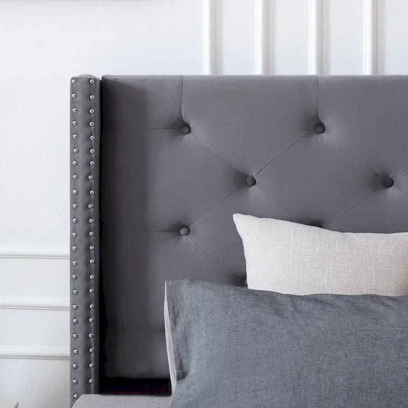 Cadre de lit en velours avec plateforme, bleu / noir / gris / beige, très grand lit, 2 personnes