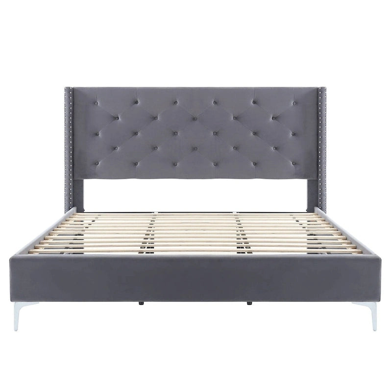 Cadre de lit en velours avec plateforme, bleu / noir / gris / beige, très grand lit, 2 personnes