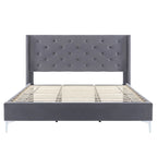 Cadre de lit en velours avec plateforme, bleu / noir / gris / beige, très grand lit, 2 personnes