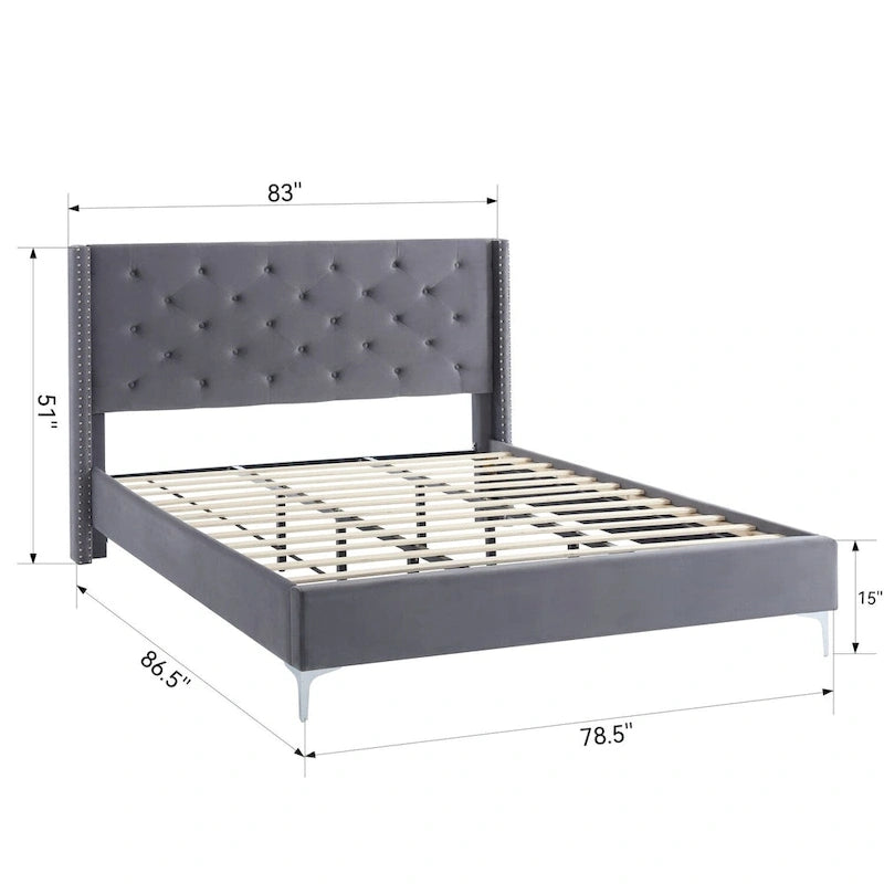 Cadre de lit en velours avec plateforme, bleu / noir / gris / beige, très grand lit, 2 personnes