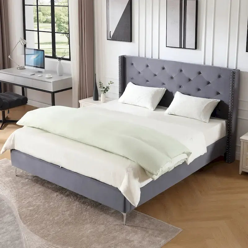 Cadre de lit en velours avec plateforme, bleu / noir / gris / beige, très grand lit, 2 personnes