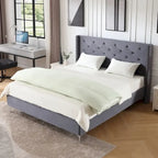 Cadre de lit en velours avec plateforme, bleu / noir / gris / beige, très grand lit, 2 personnes