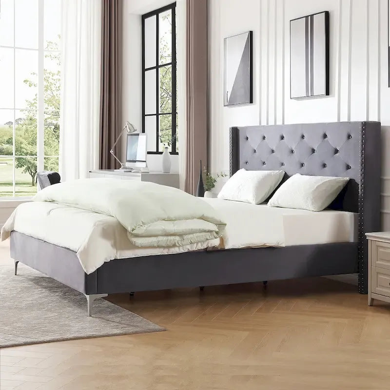 Cadre de lit en velours avec plateforme, bleu / noir / gris / beige, très grand lit, 2 personnes