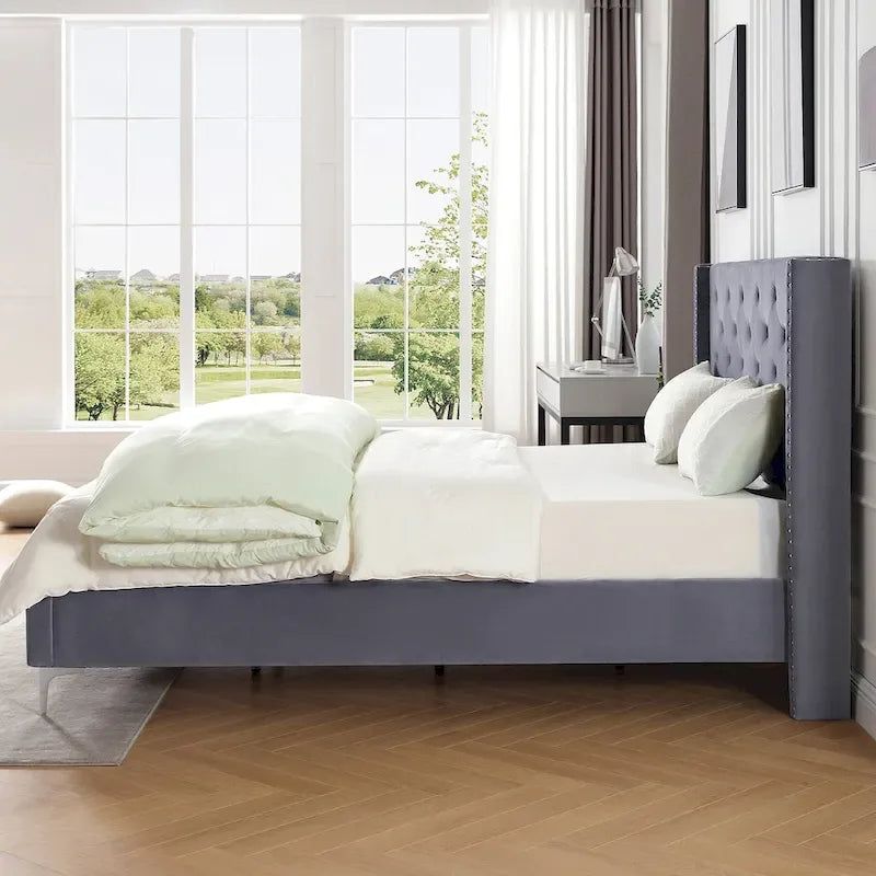 Cadre de lit en velours avec plateforme, bleu / noir / gris / beige, très grand lit, 2 personnes
