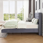 Cadre de lit en velours avec plateforme, bleu / noir / gris / beige, très grand lit, 2 personnes