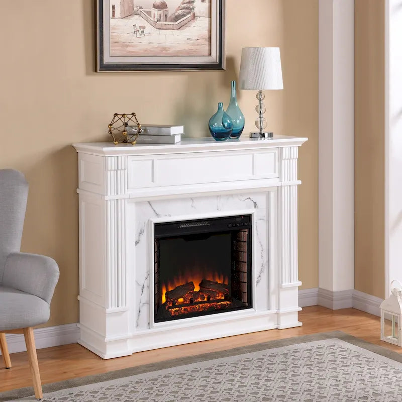 Cheminée électrique blanche avec manteau en faux marbre, foyer 2 styles, convient pour 1 à 2 pièces