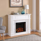 Cheminée électrique blanche avec manteau en faux marbre, foyer 2 styles, convient pour 1 à 2 pièces