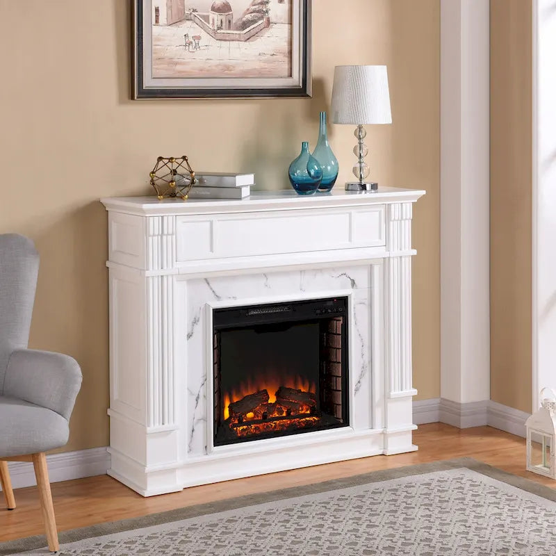 Cheminée électrique blanche avec manteau en faux marbre, foyer 2 styles, convient pour 1 à 2 pièces
