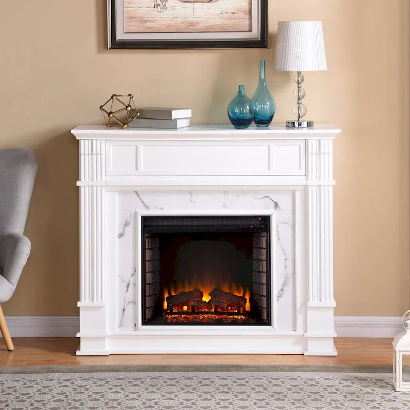 Cheminée électrique blanche avec manteau en faux marbre, foyer 2 styles, convient pour 1 à 2 pièces