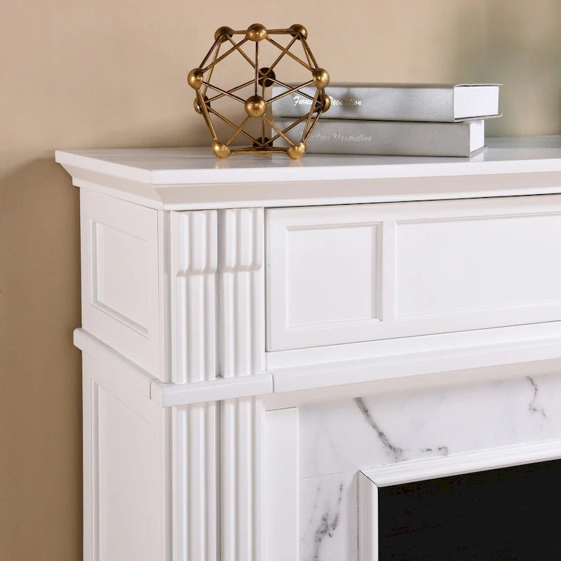 Cheminée électrique blanche avec manteau en faux marbre, foyer 2 styles, convient pour 1 à 2 pièces