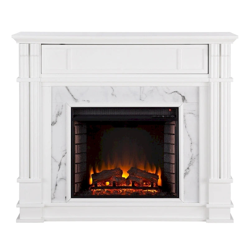 Cheminée électrique blanche avec manteau en faux marbre, foyer 2 styles, convient pour 1 à 2 pièces