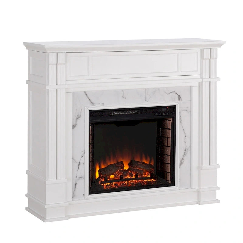 Cheminée électrique blanche avec manteau en faux marbre, foyer 2 styles, convient pour 1 à 2 pièces