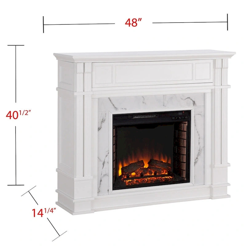 Cheminée électrique blanche avec manteau en faux marbre, foyer 2 styles, convient pour 1 à 2 pièces