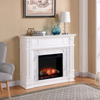 Cheminée électrique blanche avec manteau en faux marbre, foyer 2 styles, convient pour 1 à 2 pièces