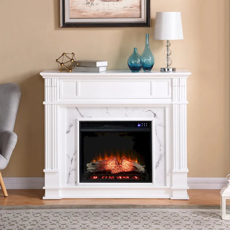 Cheminée électrique blanche avec manteau en faux marbre, foyer 2 styles, convient pour 1 à 2 pièces