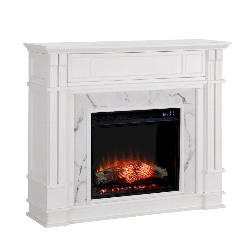 Cheminée électrique blanche avec manteau en faux marbre, foyer 2 styles, convient pour 1 à 2 pièces