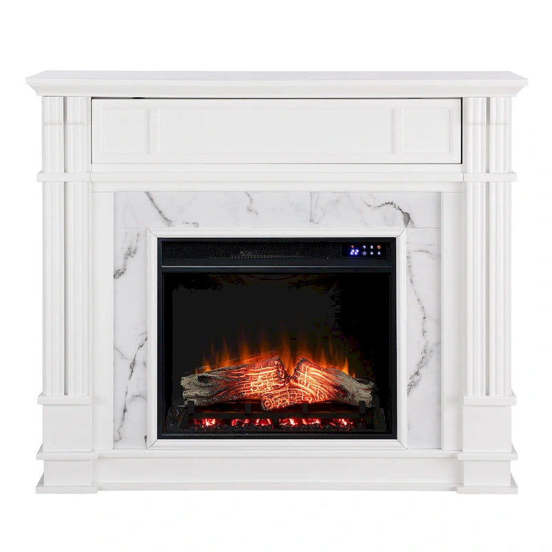 Cheminée électrique blanche avec manteau en faux marbre, foyer 2 styles, convient pour 1 à 2 pièces