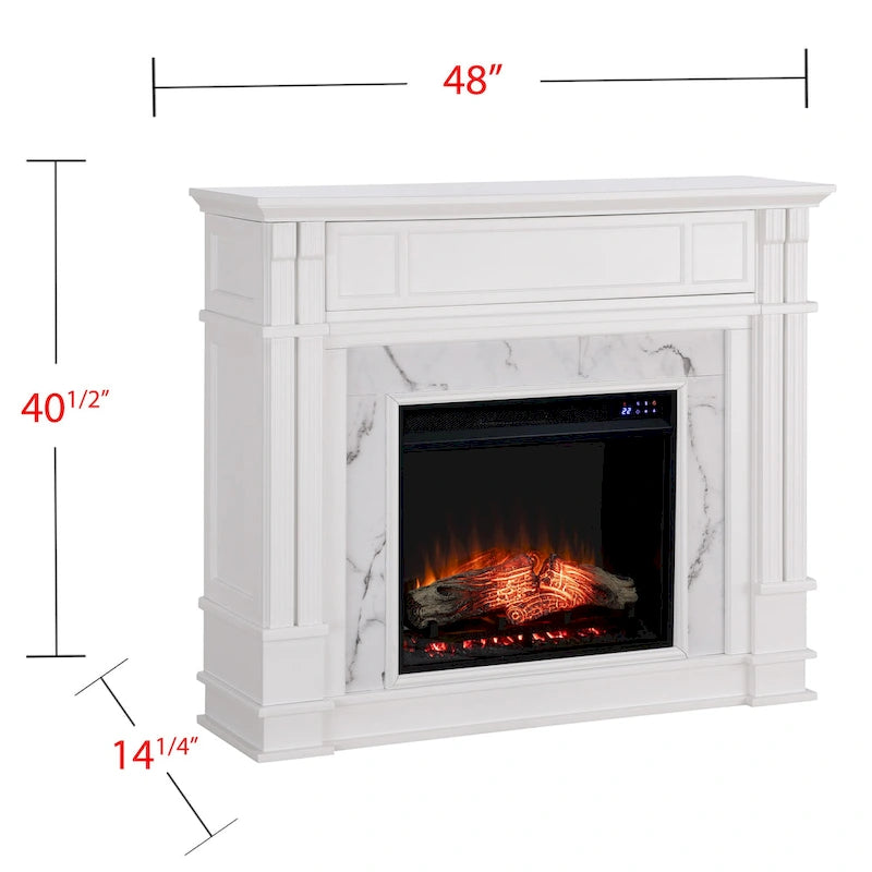 Cheminée électrique blanche avec manteau en faux marbre, foyer 2 styles, convient pour 1 à 2 pièces