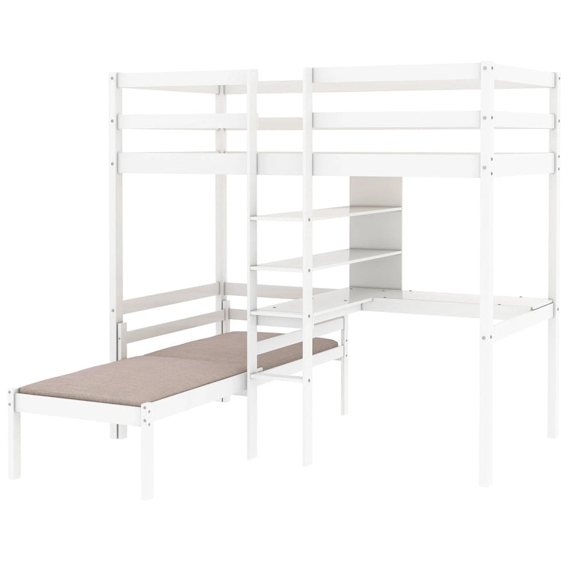 Lit superposé double blanc avec bureau en L, étagères et échelle – 2 couchages