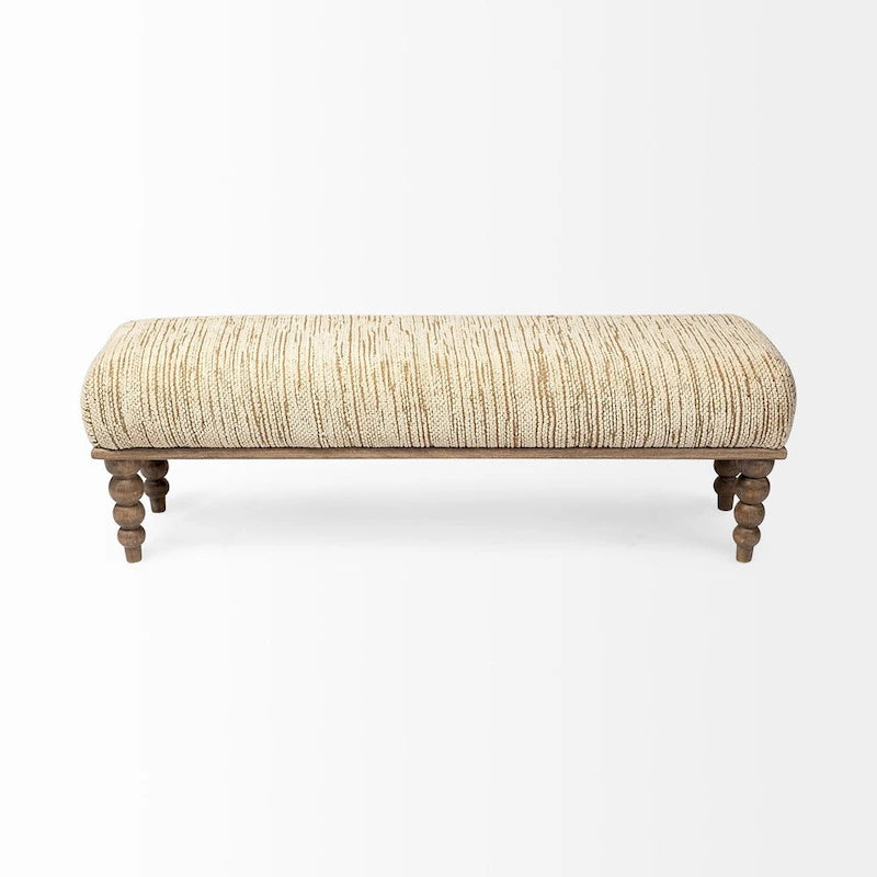 Banc de salle à manger capitonné en tissu crème avec pieds en bois de manguier, 2 places