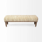 Banc de salle à manger capitonné en tissu crème avec pieds en bois de manguier, 2 places