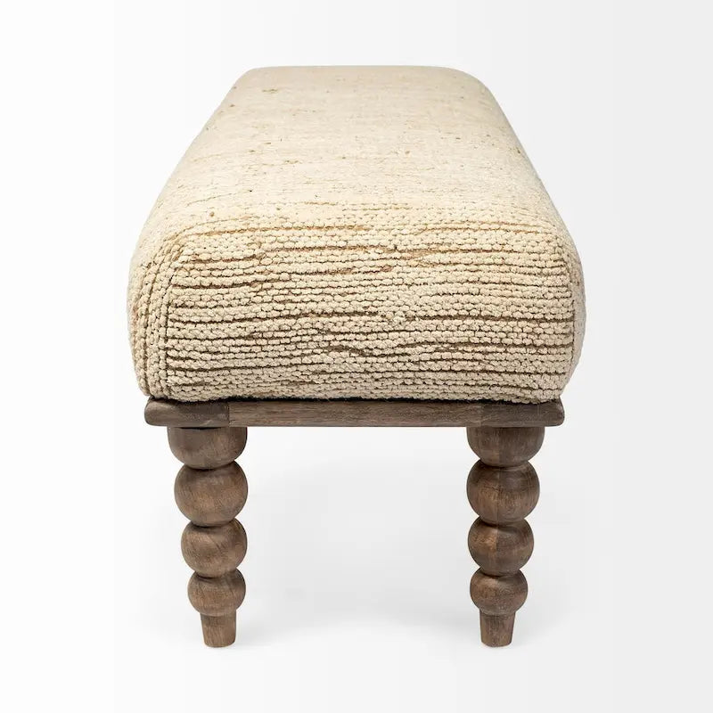 Banc de salle à manger capitonné en tissu crème avec pieds en bois de manguier, 2 places