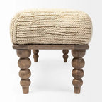 Banc de salle à manger capitonné en tissu crème avec pieds en bois de manguier, 2 places