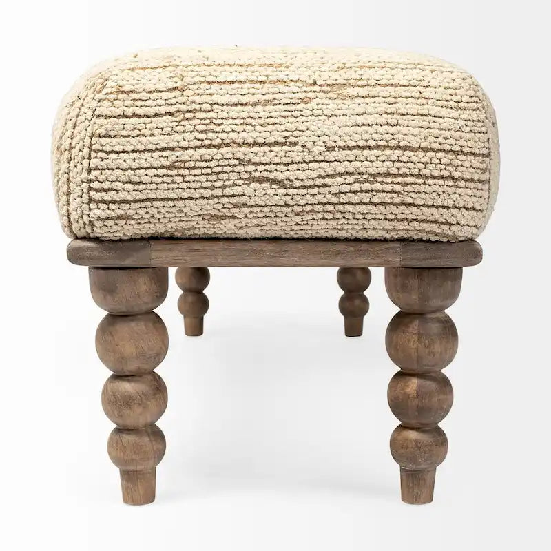 Banc de salle à manger capitonné en tissu crème avec pieds en bois de manguier, 2 places