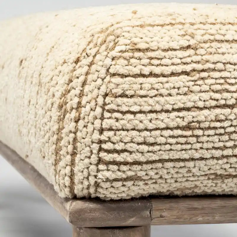 Banc de salle à manger capitonné en tissu crème avec pieds en bois de manguier, 2 places