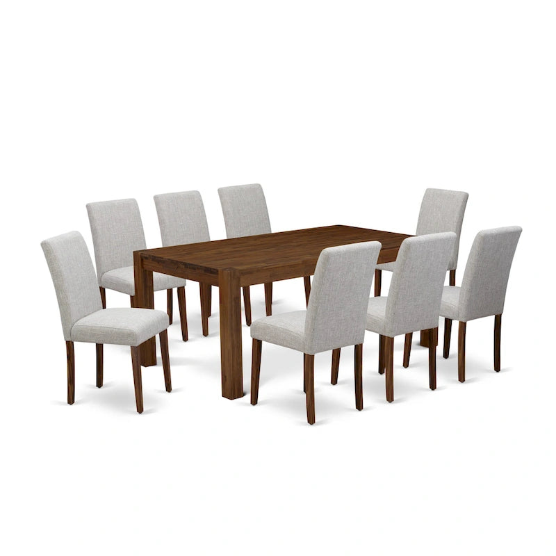 Ensemble de salle à manger rectangulaire en noyer antique avec chaises Parsons en lin couleur daim (4 / 6 / 8 places)