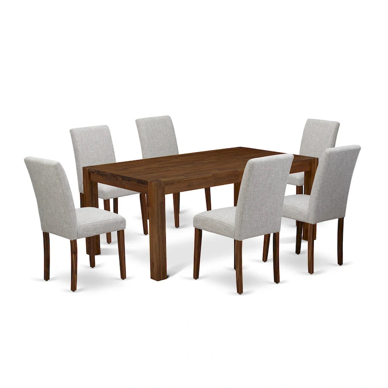 Ensemble de salle à manger rectangulaire en noyer antique avec chaises Parsons en lin couleur daim (4 / 6 / 8 places)