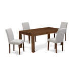 Ensemble de salle à manger rectangulaire en noyer antique avec chaises Parsons en lin couleur daim (4 / 6 / 8 places)