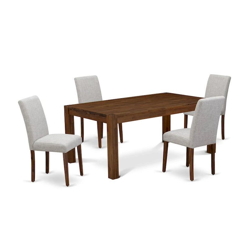 Ensemble de salle à manger rectangulaire en noyer antique avec chaises Parsons en lin couleur daim (4 / 6 / 8 places)