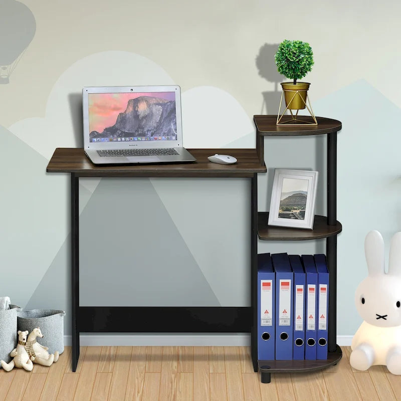 Bureau d'ordinateur compact en bois avec étagères – Expresso / Noir / Cerisier clair / Chêne français gris / Noyer foncé / Noyer Columbia / Americano