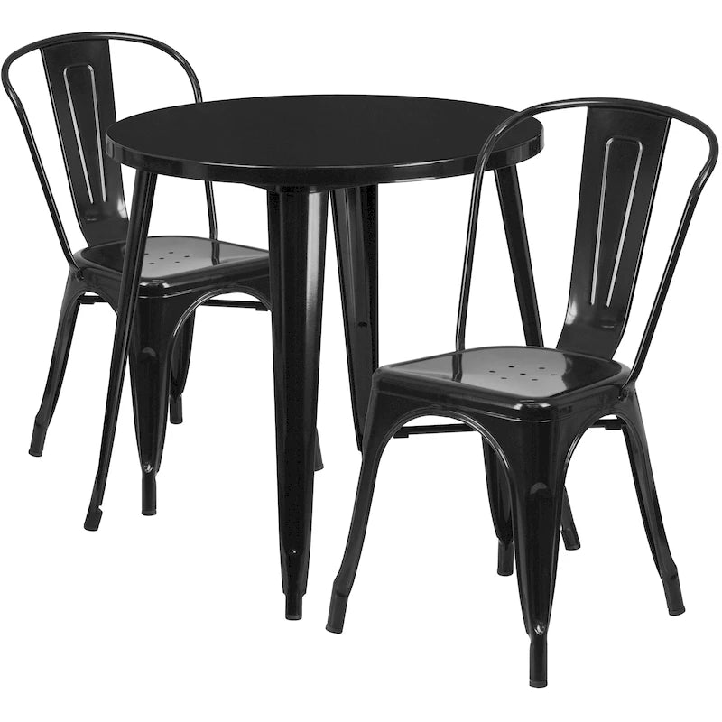 Ensemble bistrot 2 personnes en métal (1 table ronde et 2 chaises) – Noir / Bleu / Vert / Orange / Rouge / Argent / Blanc / Jaune – Intérieur/Extérieur