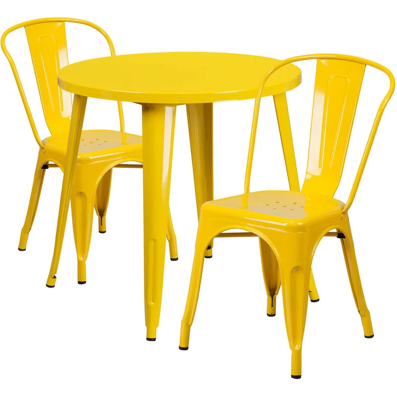 Ensemble bistrot 2 personnes en métal (1 table ronde et 2 chaises) – Noir / Bleu / Vert / Orange / Rouge / Argent / Blanc / Jaune – Intérieur/Extérieur