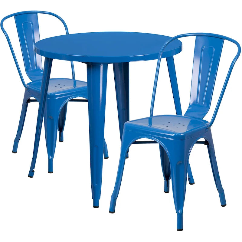Ensemble bistrot 2 personnes en métal (1 table ronde et 2 chaises) – Noir / Bleu / Vert / Orange / Rouge / Argent / Blanc / Jaune – Intérieur/Extérieur