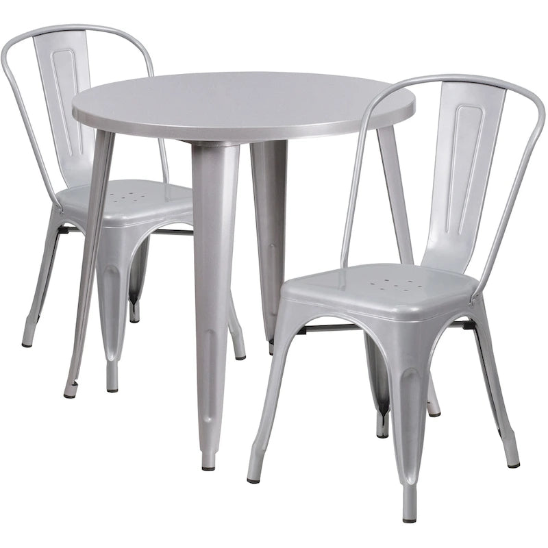 Ensemble bistrot 2 personnes en métal (1 table ronde et 2 chaises) – Noir / Bleu / Vert / Orange / Rouge / Argent / Blanc / Jaune – Intérieur/Extérieur