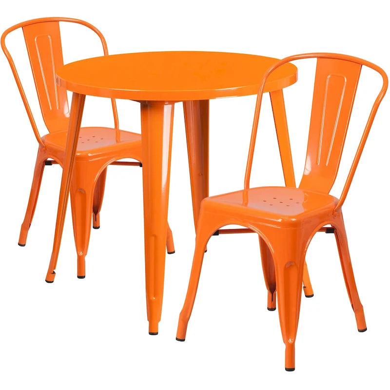 Ensemble bistrot 2 personnes en métal (1 table ronde et 2 chaises) – Noir / Bleu / Vert / Orange / Rouge / Argent / Blanc / Jaune – Intérieur/Extérieur