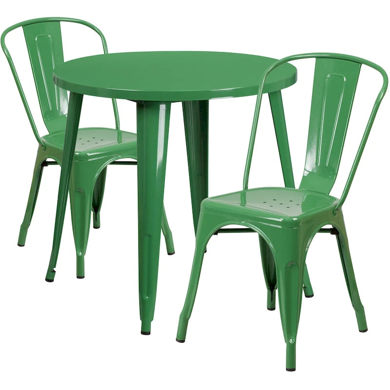 Ensemble bistrot 2 personnes en métal (1 table ronde et 2 chaises) – Noir / Bleu / Vert / Orange / Rouge / Argent / Blanc / Jaune – Intérieur/Extérieur