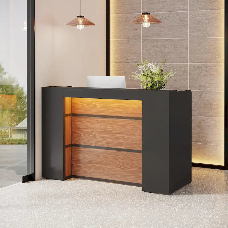 Bureau d'accueil LED 1 personne en noyer blanc/noir de 160 cm avec panneau d'intimité