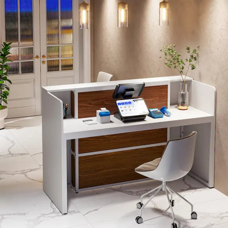 Bureau d'accueil LED 1 personne en noyer blanc/noir de 160 cm avec panneau d'intimité
