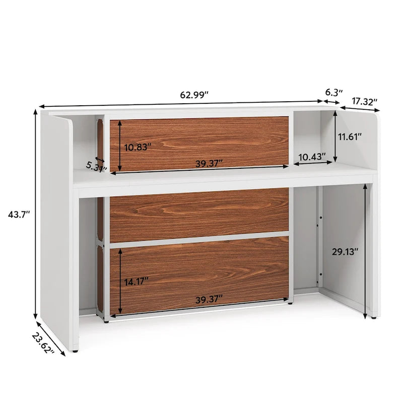 Bureau d'accueil LED 1 personne en noyer blanc/noir de 160 cm avec panneau d'intimité