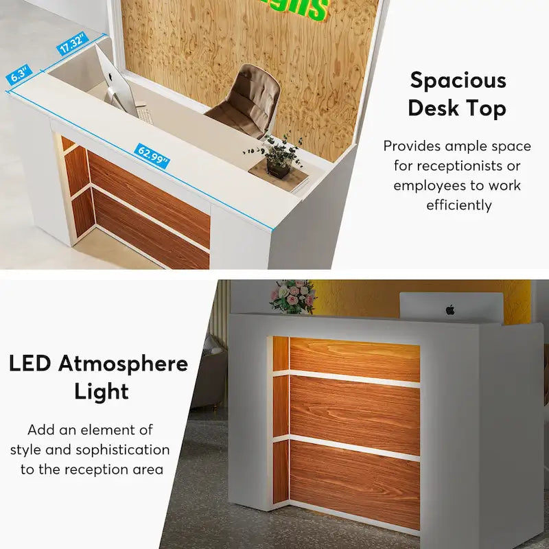 Bureau d'accueil LED 1 personne en noyer blanc/noir de 160 cm avec panneau d'intimité