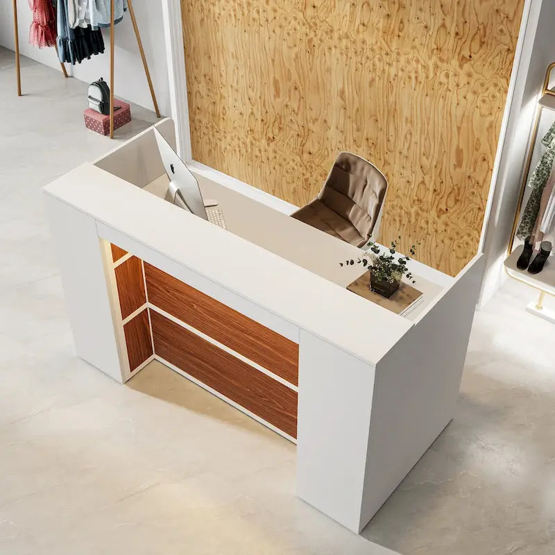 Bureau d'accueil LED 1 personne en noyer blanc/noir de 160 cm avec panneau d'intimité