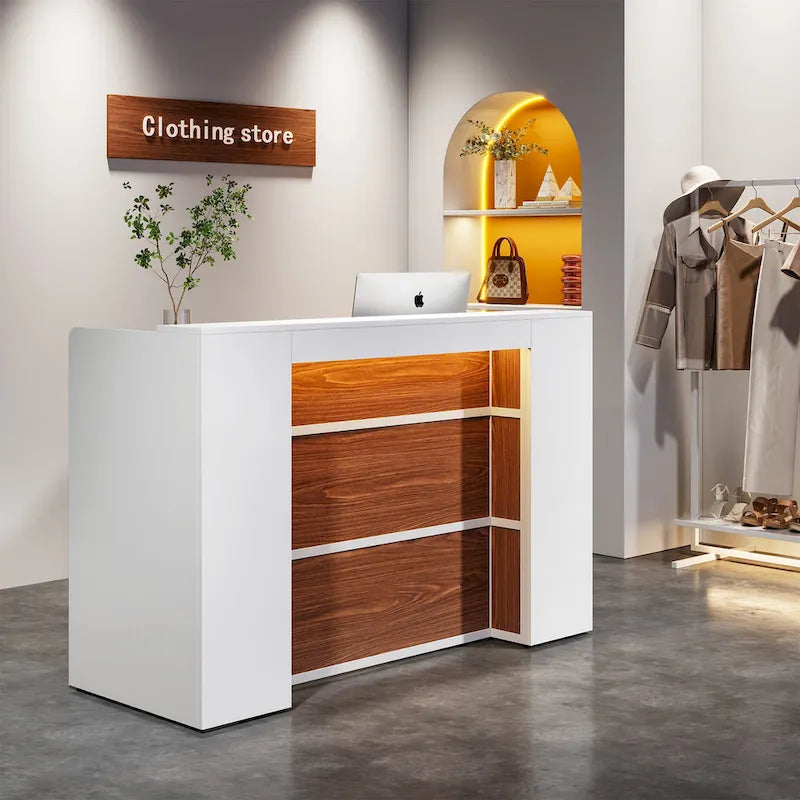 Bureau d'accueil LED 1 personne en noyer blanc/noir de 160 cm avec panneau d'intimité